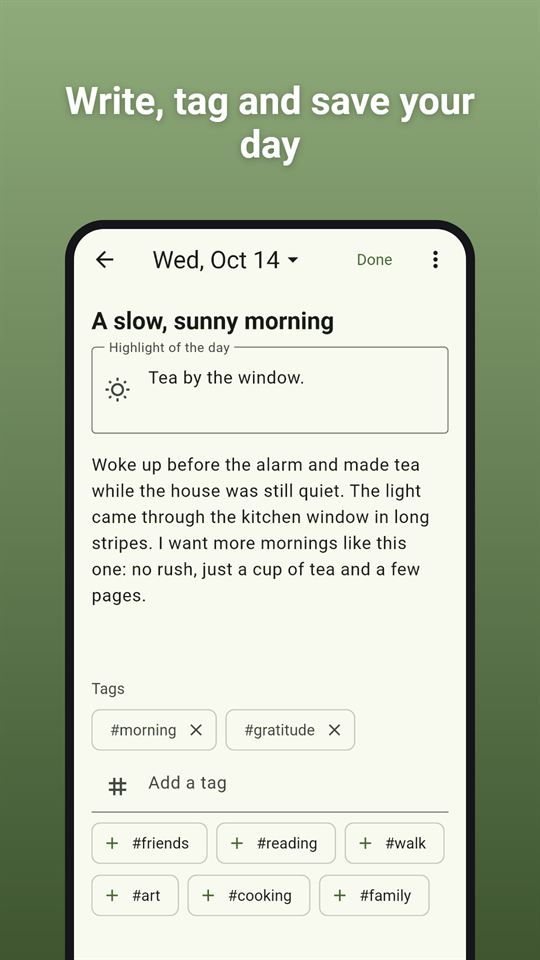 Quiet Pages: Write, tag and save your day