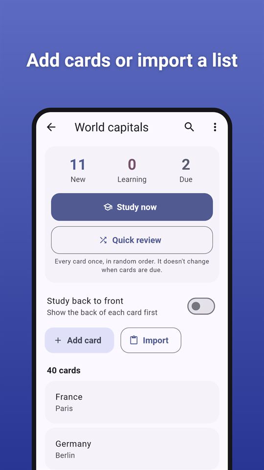 Recall Cards: Add cards or import a list