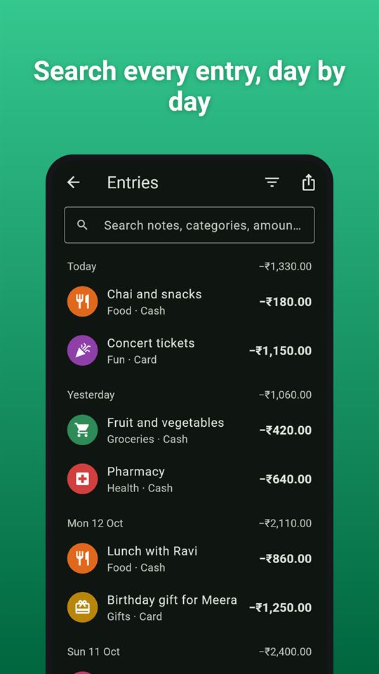 Spend Glow: Search every entry, day by day