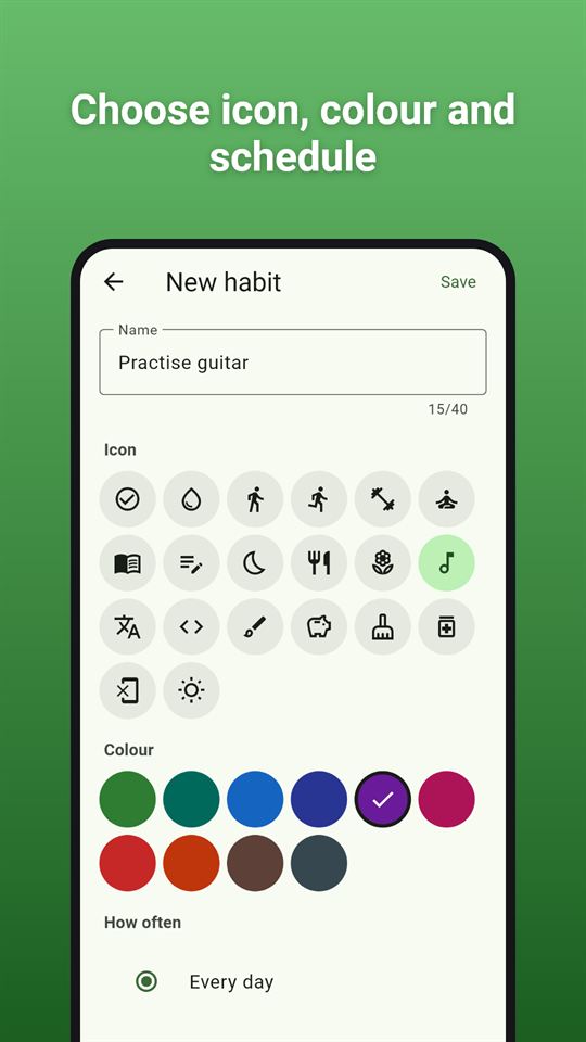 Steady Habits: Choose icon, colour and schedule