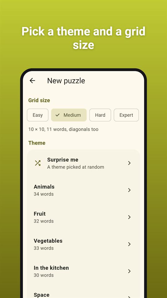 Word Glow Search: Pick a theme and a grid size