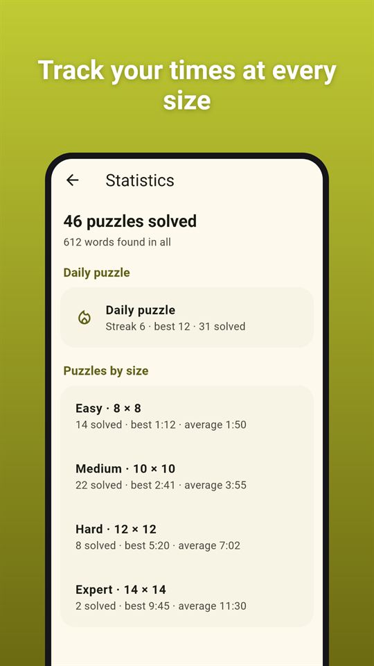 Word Glow Search: Track your times at every size
