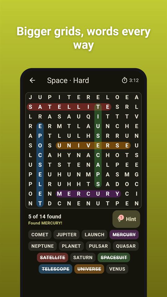 Word Glow Search: Bigger grids, words every way