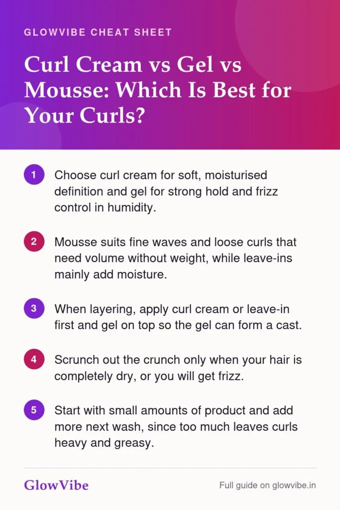 Curl Cream vs Gel vs Mousse: Which Is Best for Your Curls?: key points cheat sheet