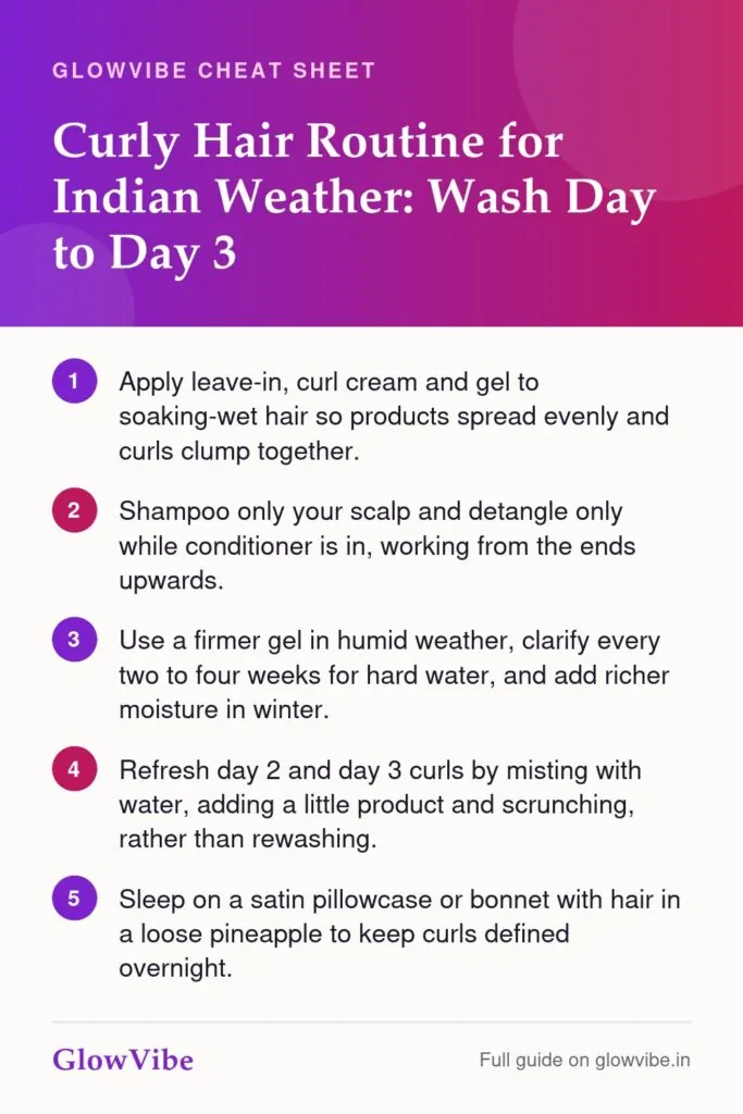 Curly Hair Routine for Indian Weather: Wash Day to Day 3: key points cheat sheet