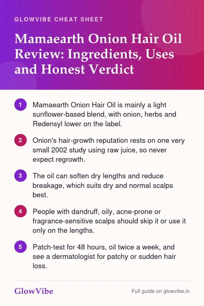 Mamaearth Onion Hair Oil Review: Ingredients, Uses and Honest Verdict: key points cheat sheet